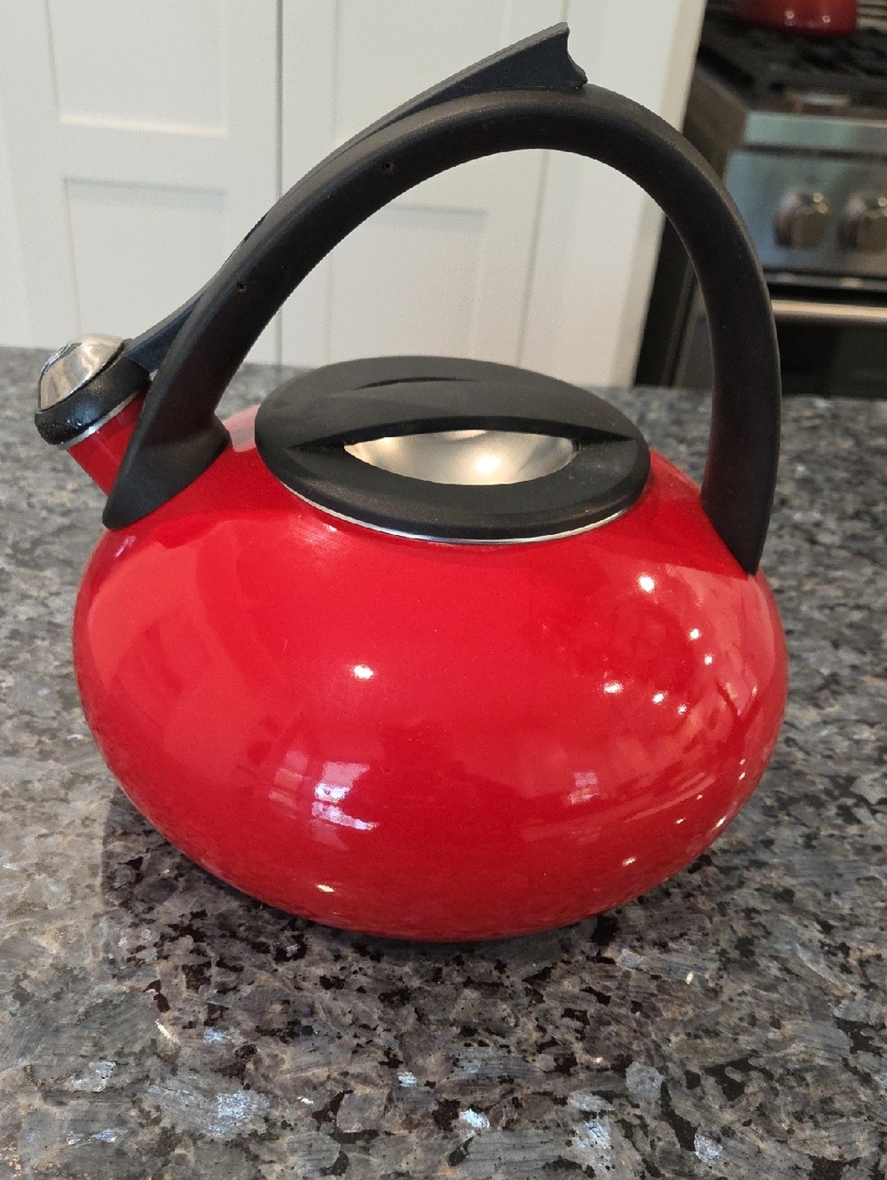 Copco Red Enamel Whistling Tea Kettle with Black Handle